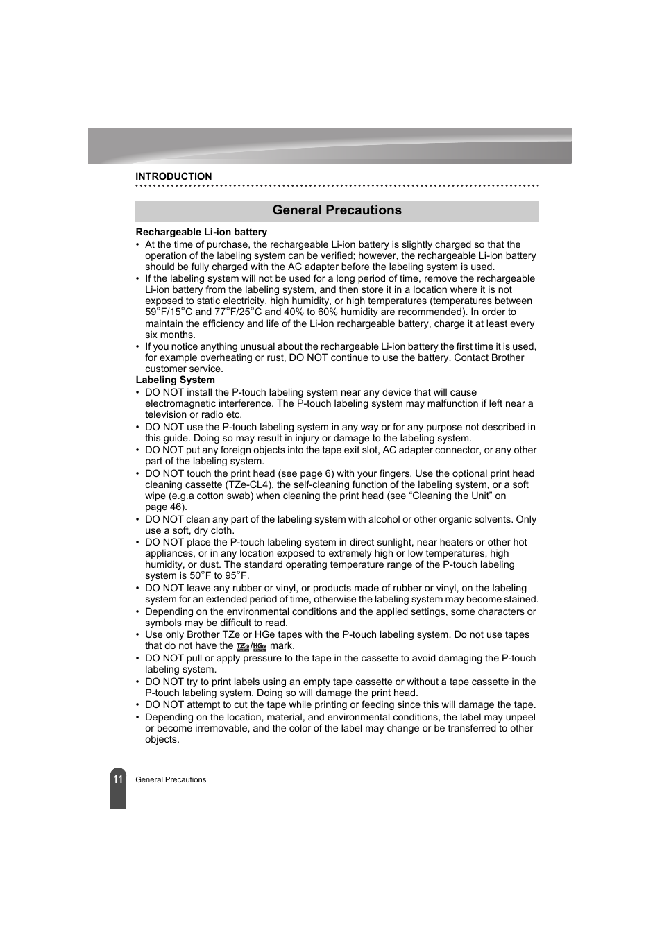 General precautions | Brother PT-E300 User Manual | Page 14 / 61