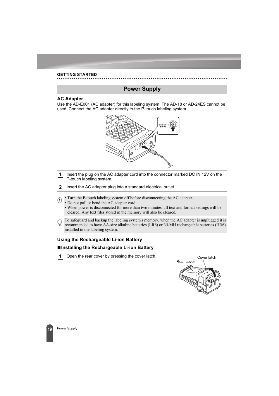 Power supply, Ac adapter, Using the rechargeable li-ion battery | Brother PT-E300 User Manual | Page 22 / 61