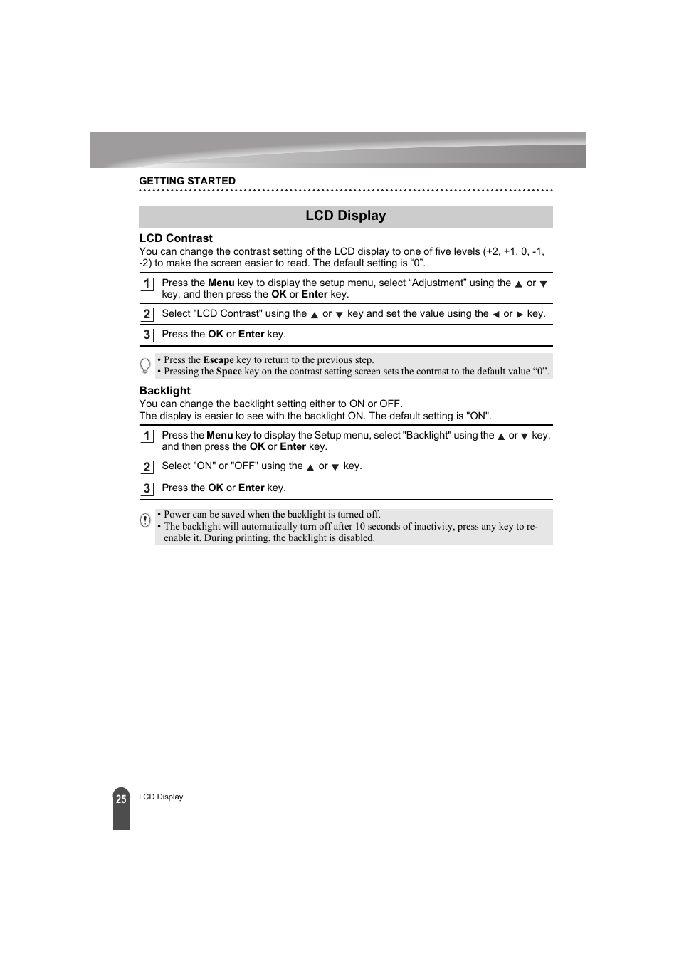 Lcd display, Lcd contrast, Backlight | Brother PT-E300 User Manual | Page 28 / 61