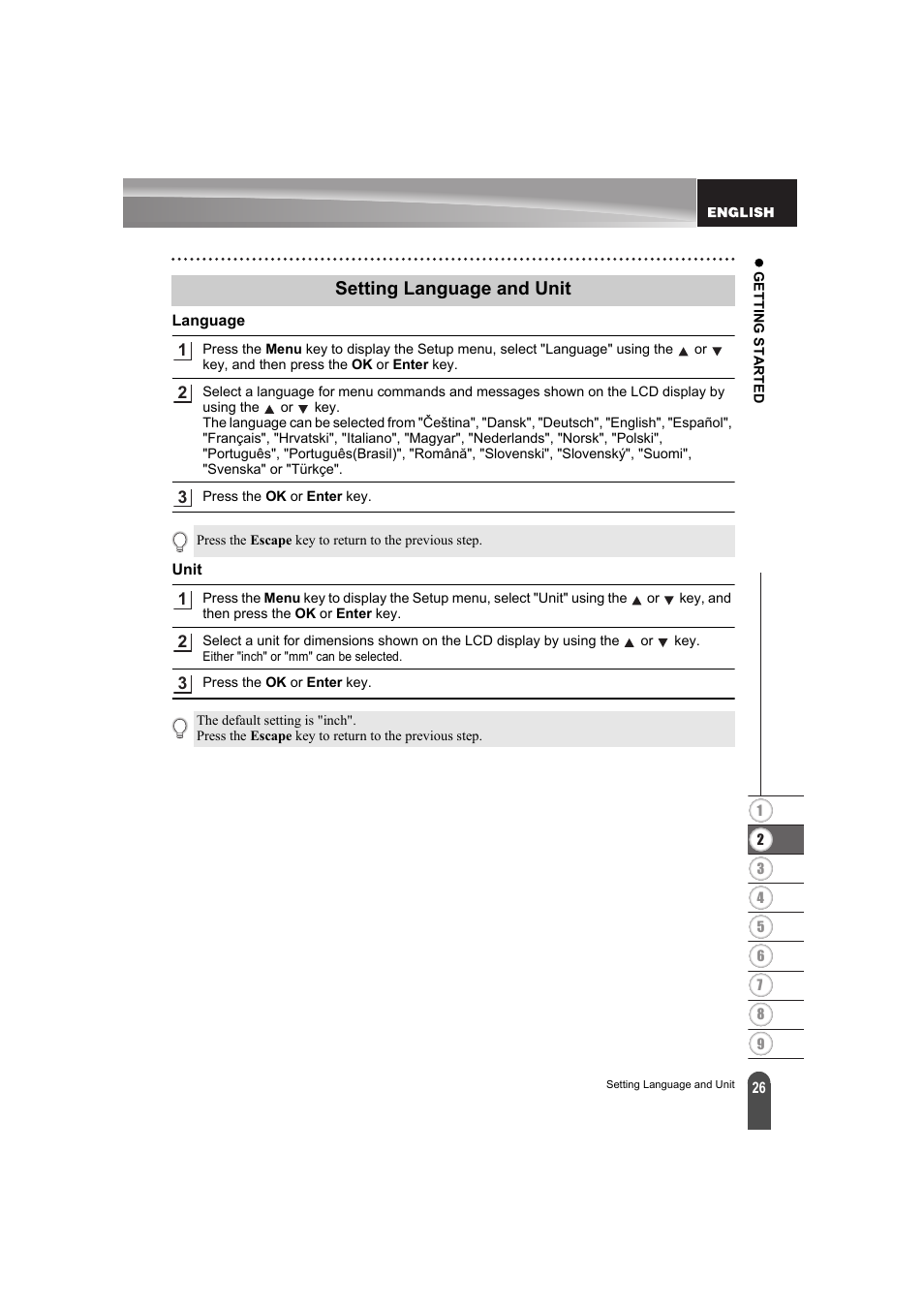 Setting language and unit, Language, Unit | Brother PT-E300 User Manual | Page 29 / 61