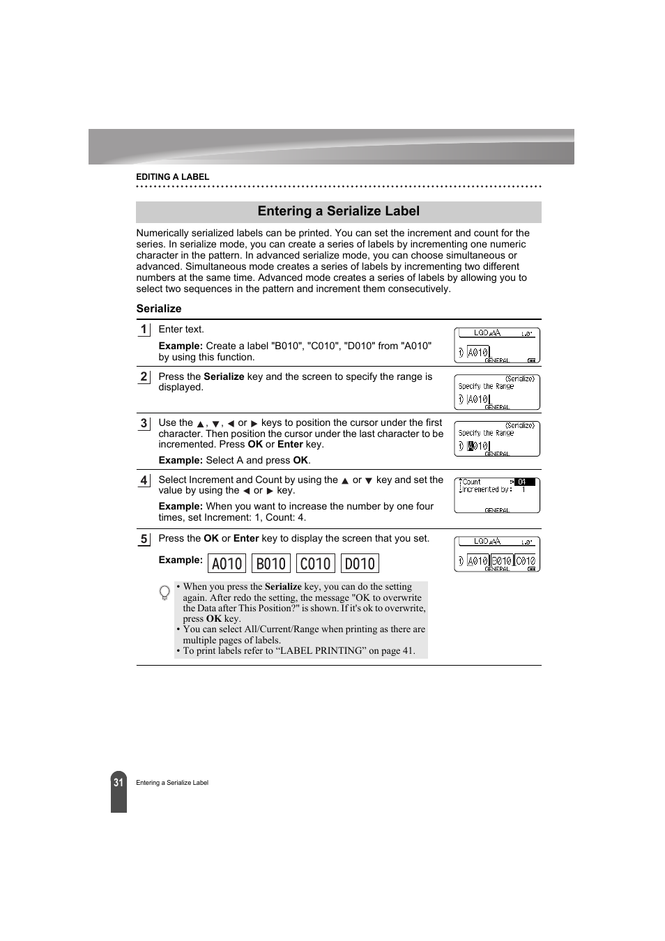 Entering a serialize label, Serialize | Brother PT-E300 User Manual | Page 34 / 61