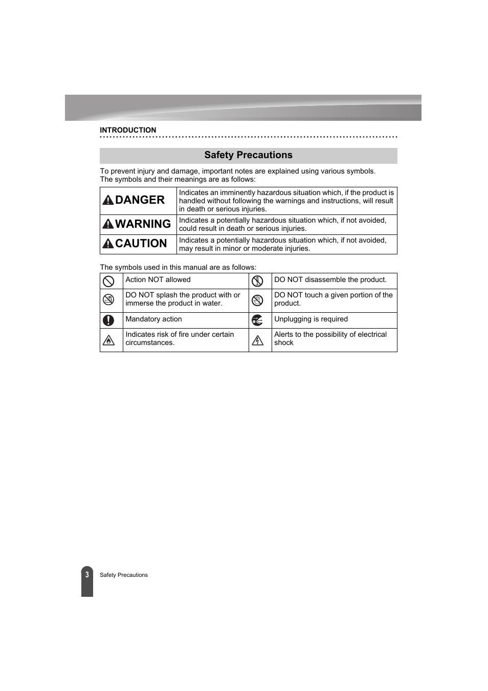 Safety precautions, Danger, Warning | Caution | Brother PT-E300 User Manual | Page 6 / 61