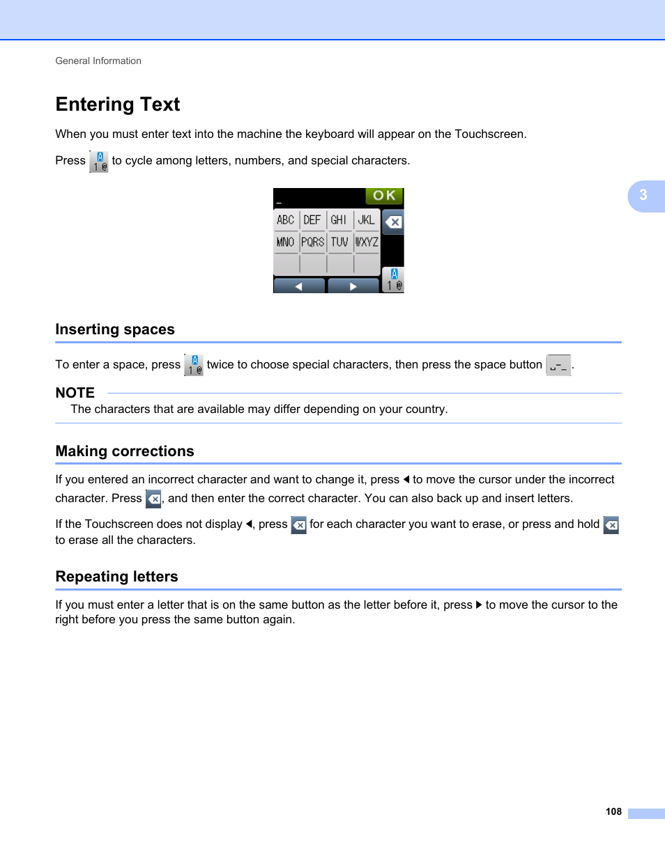 Entering text, Inserting spaces, Making corrections | Repeating letters | Brother HL-L9200CDWT User Manual | Page 115 / 228