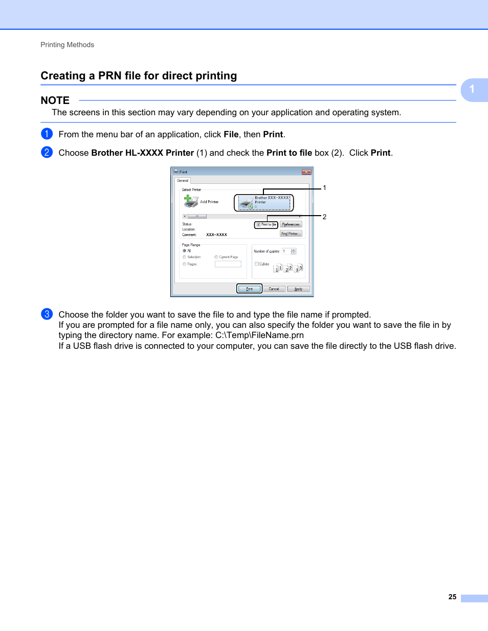 Creating a prn file for direct printing, 1creating a prn file for direct printing | Brother HL-L9200CDWT User Manual | Page 32 / 228