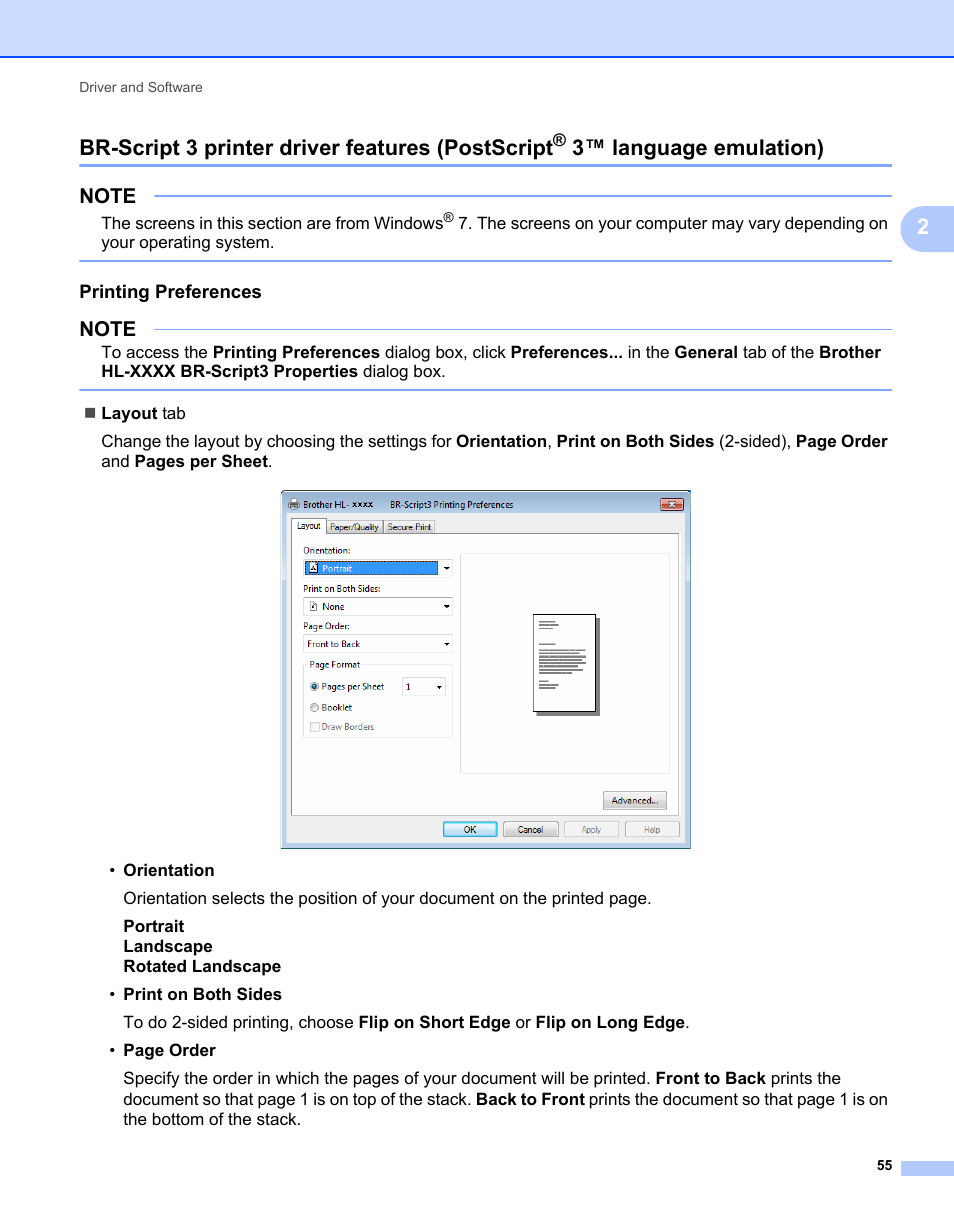Printing preferences, Br-script 3 printer driver features (postscript, 3™ language emulation) | 2br-script 3 printer driver features (postscript | Brother HL-L9200CDWT User Manual | Page 62 / 228