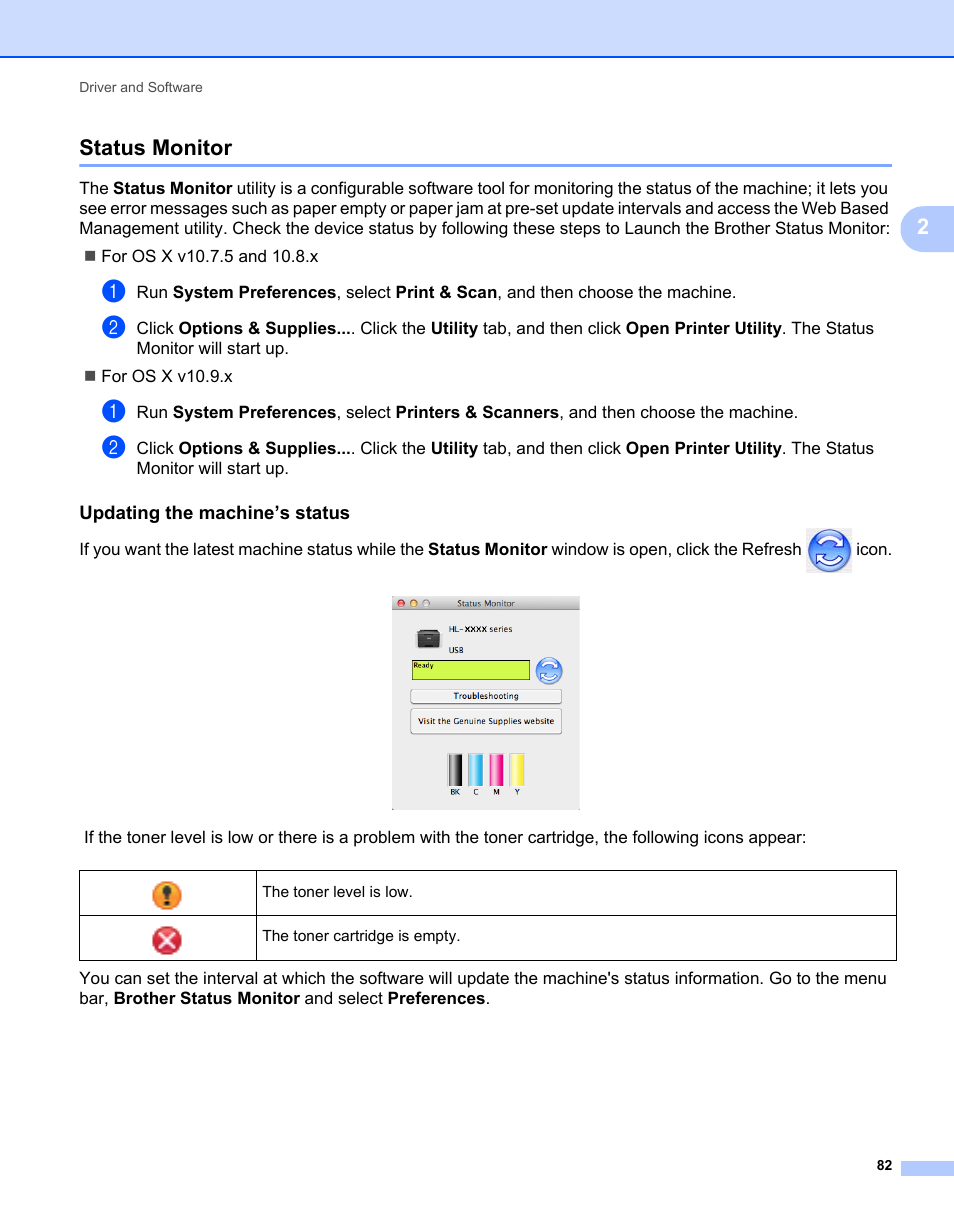 Status monitor, Updating the machine’s status, 2status monitor | Brother HL-L9200CDWT User Manual | Page 89 / 228