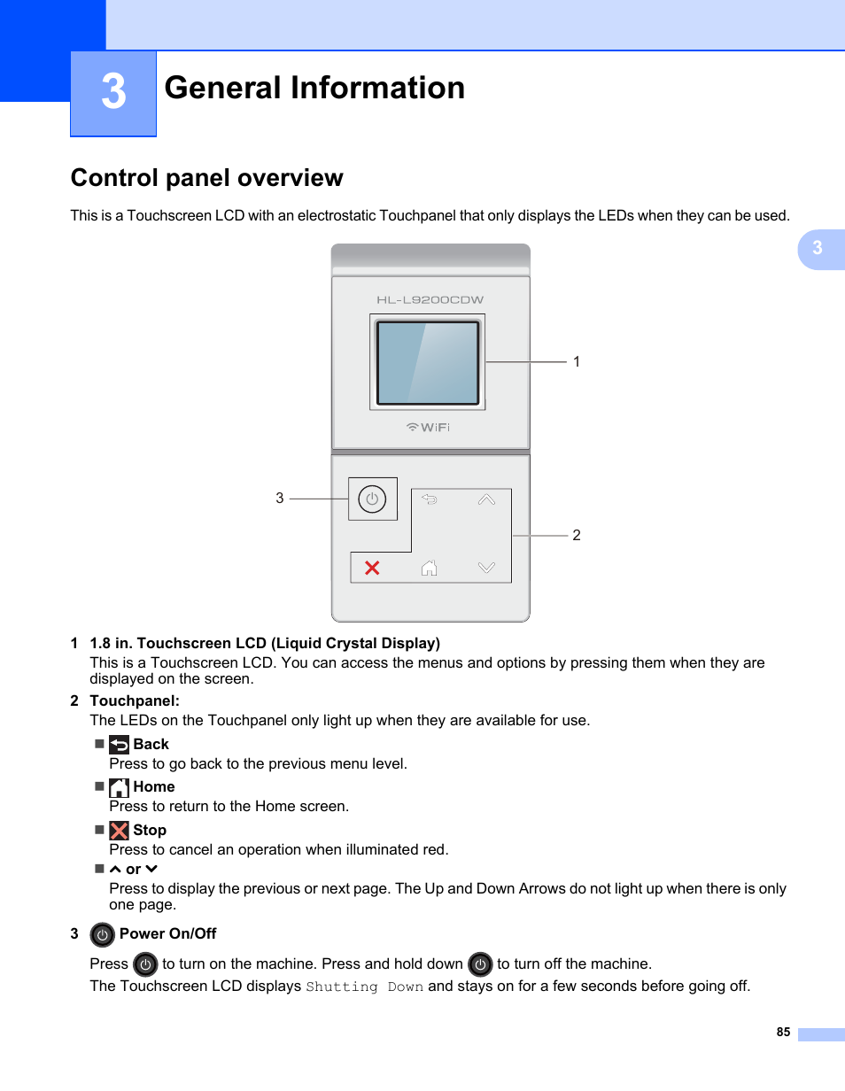 3 general information, Control panel overview, General information | Brother HL-L9200CDWT User Manual | Page 92 / 228