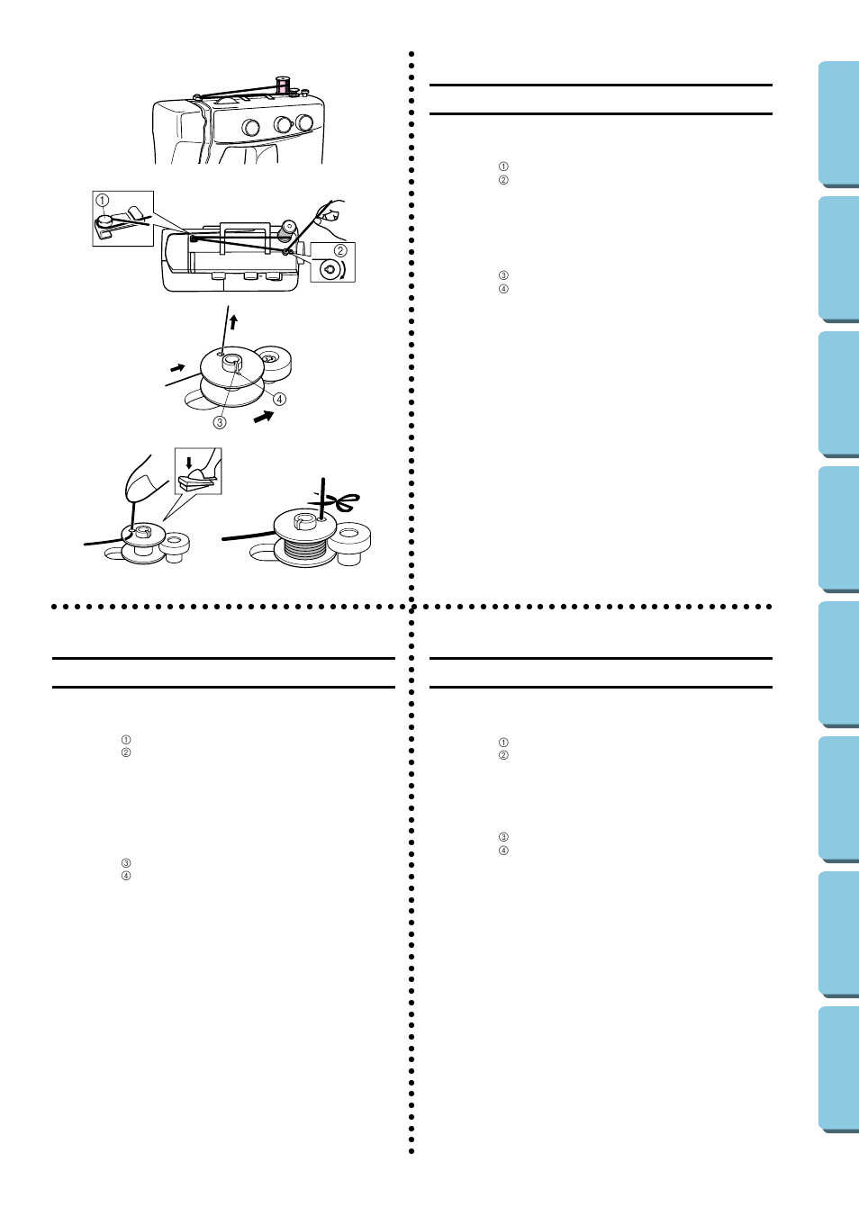 Threading the machine, Winding the bobbin, Enhebrado de la máquina | Enfilage de la machine, Bobinado de la canilla, Remplissage de la canette | Brother XL-5130 5232 5340 User Manual | Page 26 / 77