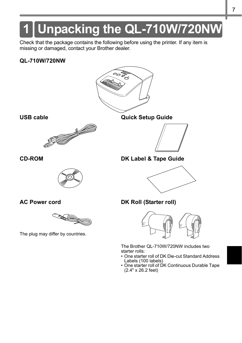 Unpacking the ql-710w/720nw | Brother QL-720NW User Manual | Page 15 / 93