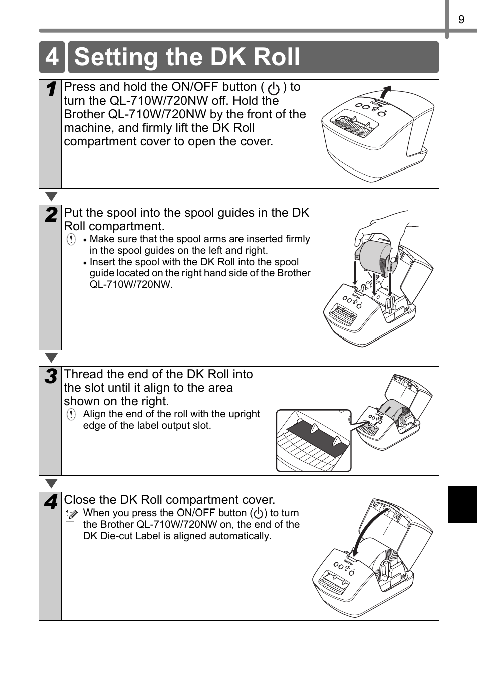 Setting the dk roll, 4 setting the dk roll | Brother QL-720NW User Manual | Page 17 / 93