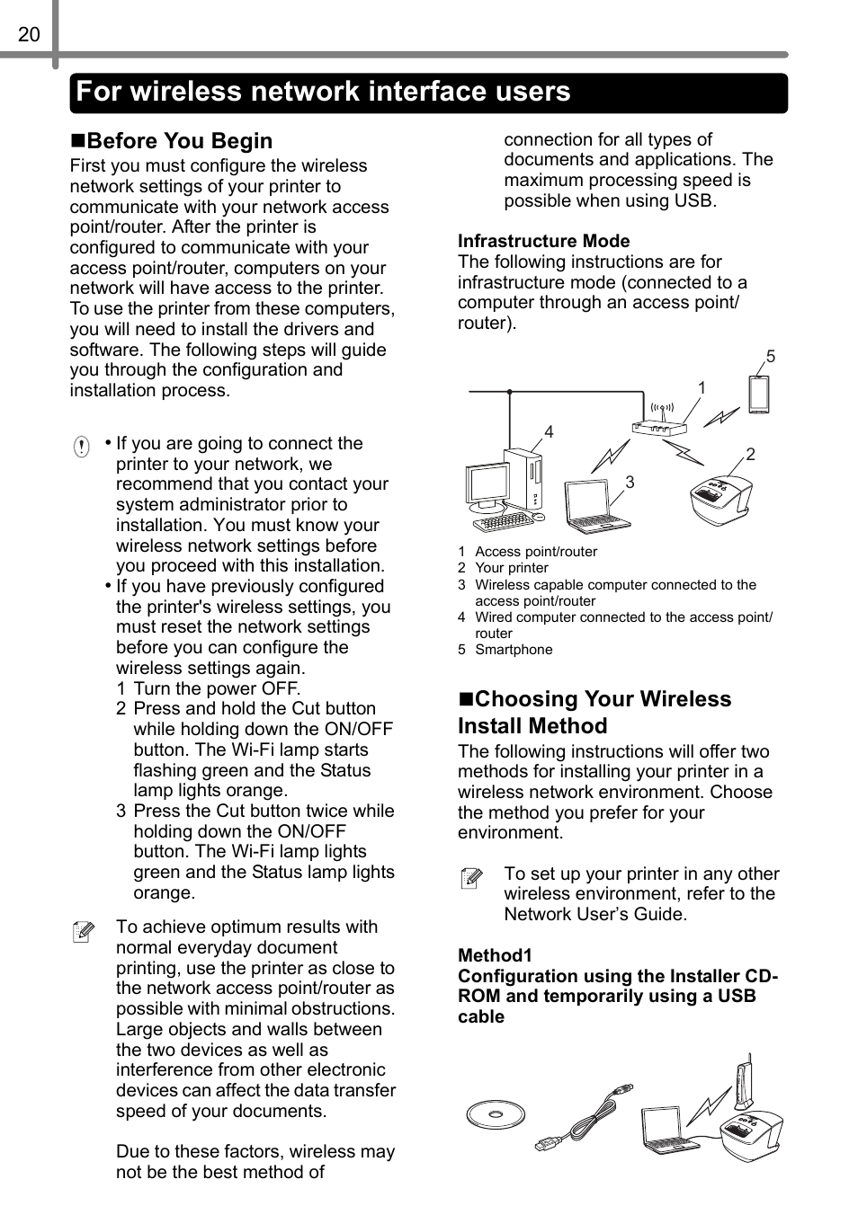 For wireless network interface users, Before you begin, Choosing your wireless install method | Brother QL-720NW User Manual | Page 28 / 93