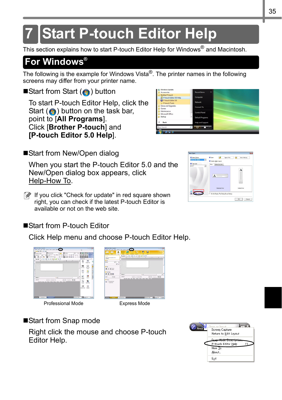 Start p-touch editor help, For windows, 7 start p-touch editor help | Brother QL-720NW User Manual | Page 43 / 93