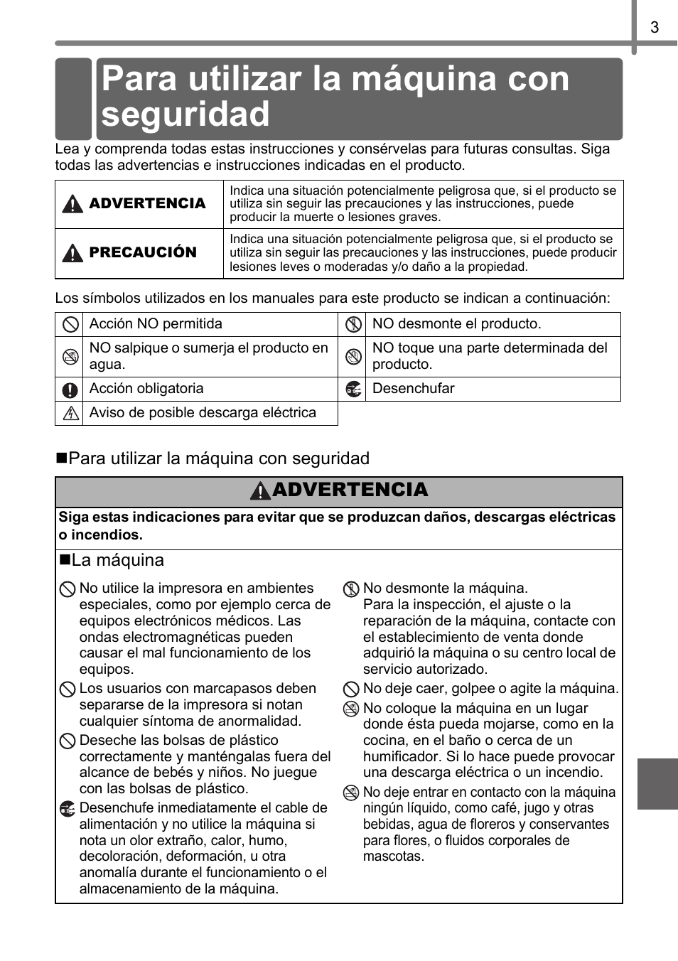Para utilizar la máquina con seguridad, Advertencia | Brother QL-720NW User Manual | Page 55 / 93