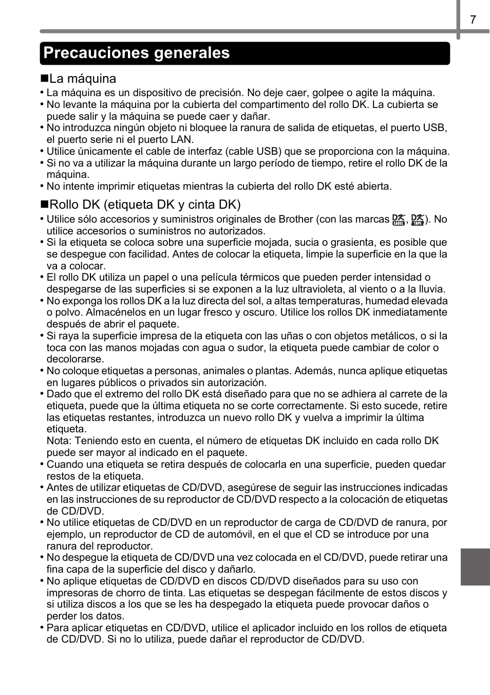 Precauciones generales | Brother QL-720NW User Manual | Page 59 / 93