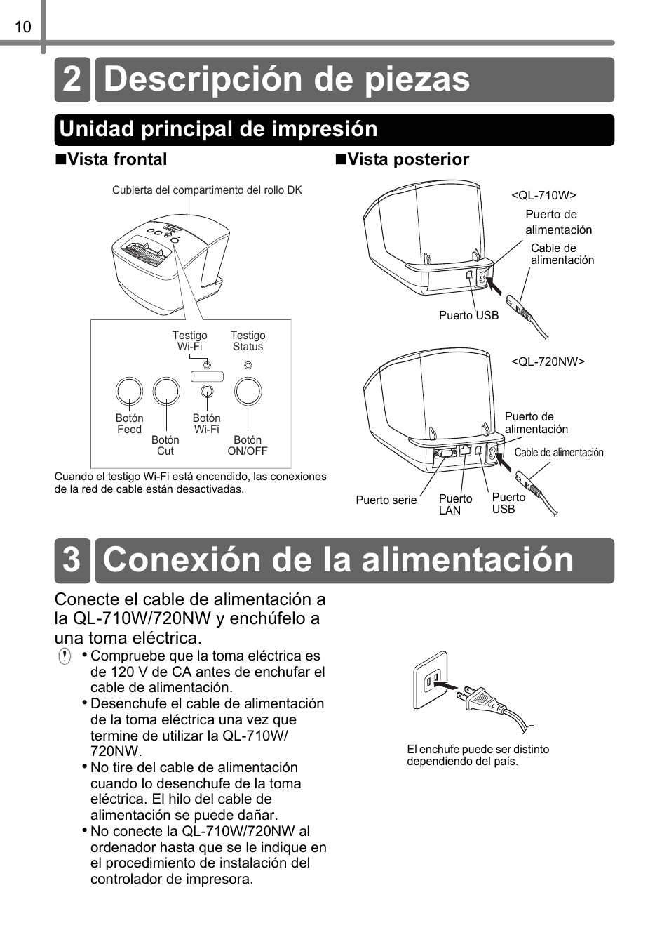 Descripción de piezas, Unidad principal de impresión, Conexión de la alimentación | 2 descripción de piezas, 3 conexión de la alimentación, Vista frontal  vista posterior | Brother QL-720NW User Manual | Page 62 / 93