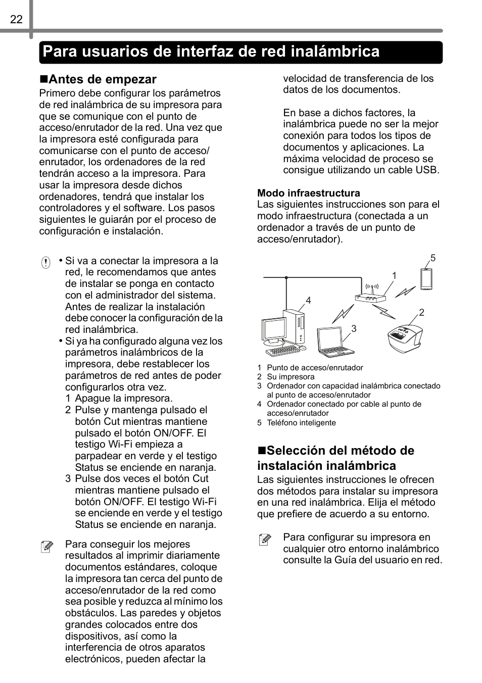 Para usuarios de interfaz de red inalámbrica, Antes de empezar, Selección del método de instalación inalámbrica | Brother QL-720NW User Manual | Page 74 / 93