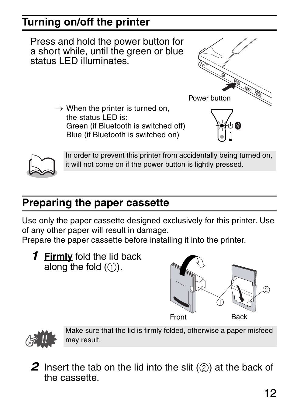 Turning on/off the printer, Preparing the paper cassette | Brother MW-145BT User Manual | Page 13 / 16