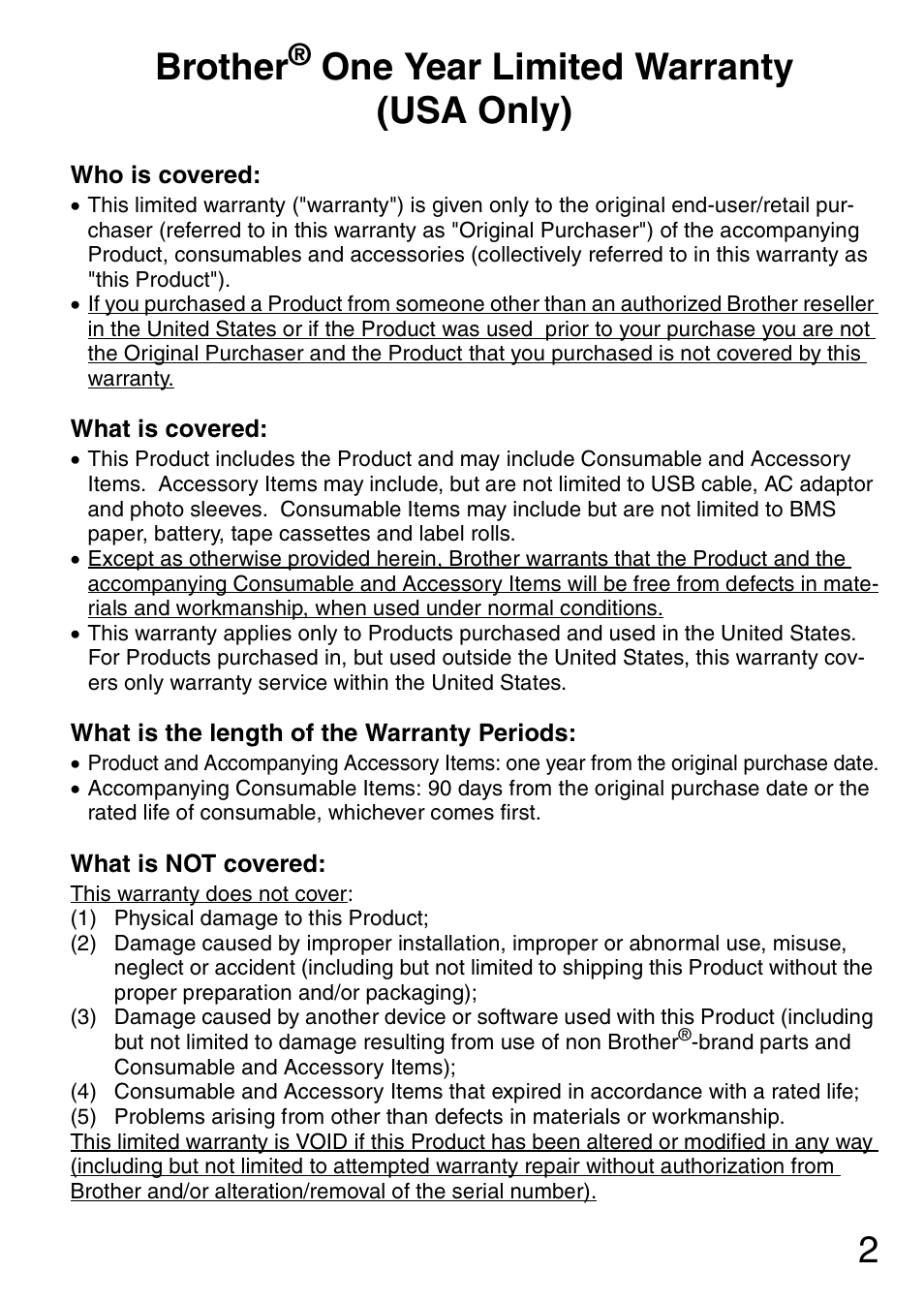 2brother, One year limited warranty (usa only) | Brother MW-145BT User Manual | Page 3 / 16