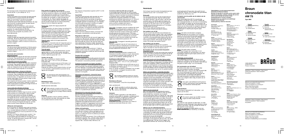 Braun chronodate titan, Aw 75, Español | Italiano, Nederlands | Braun AW75 chronodate User Manual | Page 2 / 2