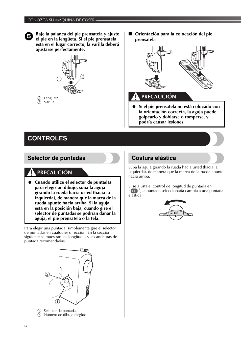 Controles, Selector de puntadas, Costura elástica | Precaución | Brother BB370 User Manual | Page 60 / 104