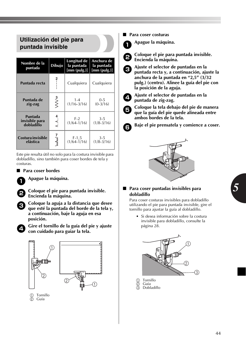Utilización del pie para puntada invisible | Brother BB370 User Manual | Page 95 / 104