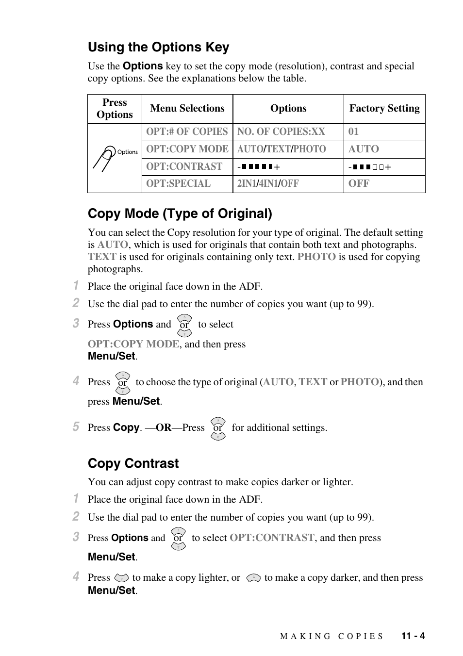 Using the options key, Copy mode (type of original), Copy contrast | Brother FAX-2800 User Manual | Page 101 / 228