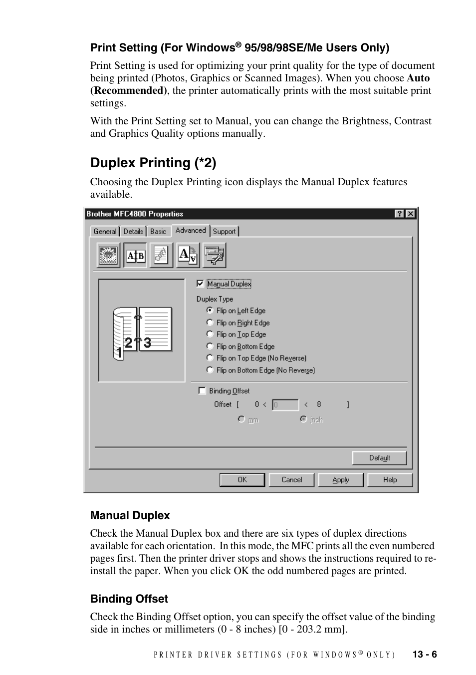 Duplex printing (*2), Manual duplex, Binding offset | Print setting, For windows, 95/98/98se/me users only) -6, Duplex printing (*2) -6, Manual duplex -6 binding offset -6 | Brother FAX-2800 User Manual | Page 113 / 228