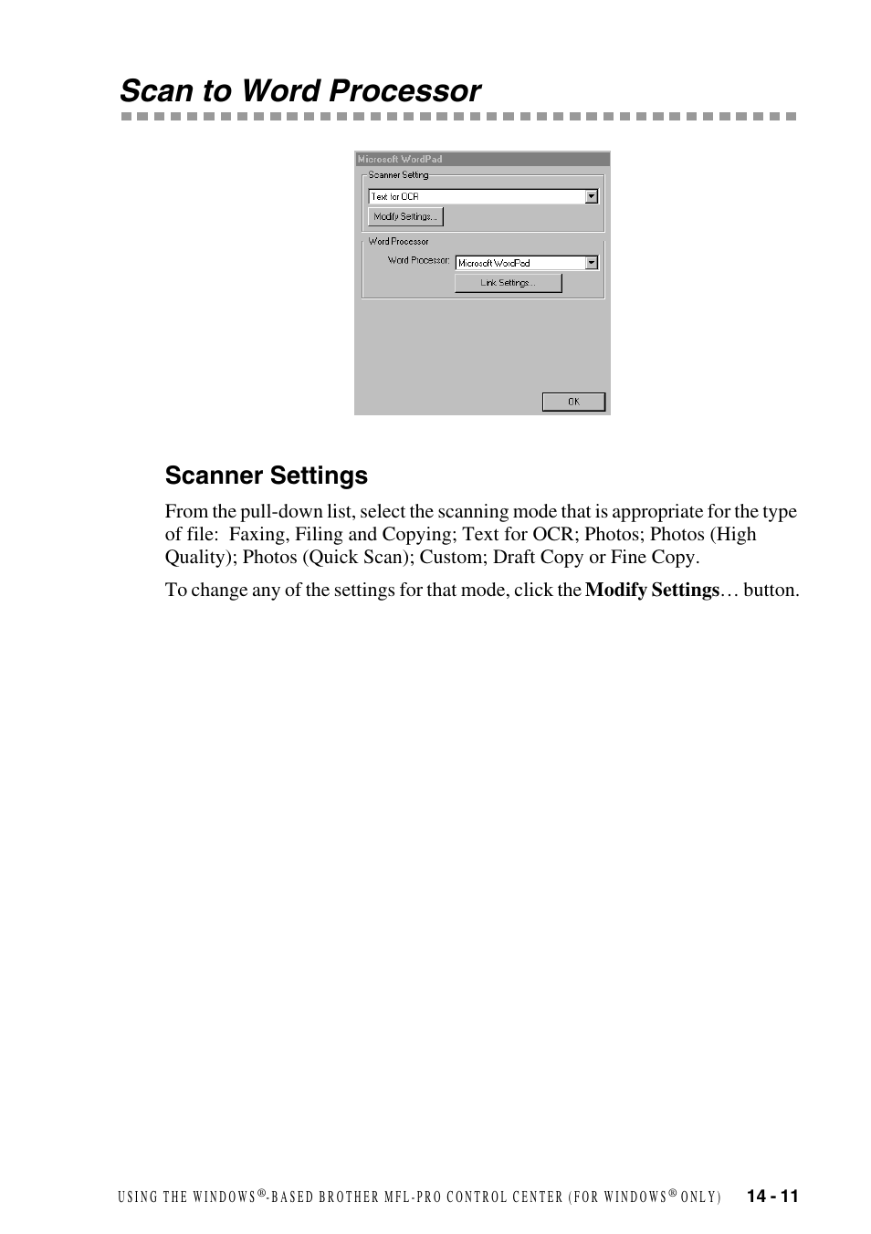 Scan to word processor, Scanner settings, Scan to word processor -11 | Scanner settings -11 | Brother FAX-2800 User Manual | Page 137 / 228
