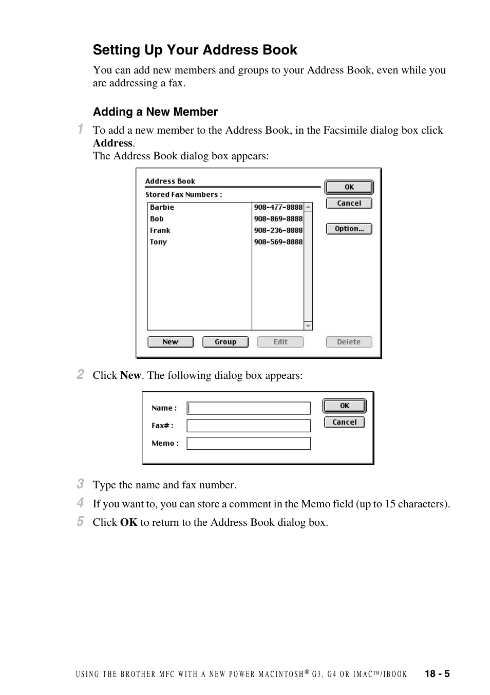 Setting up your address book, Adding a new member, Setting up your address book -5 | Adding a new member -5, Adding a new, Member | Brother FAX-2800 User Manual | Page 171 / 228