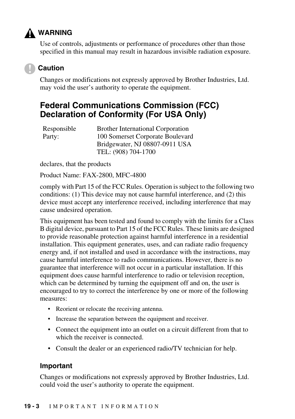 Important, Federal communications commission (fcc) | Brother FAX-2800 User Manual | Page 180 / 228