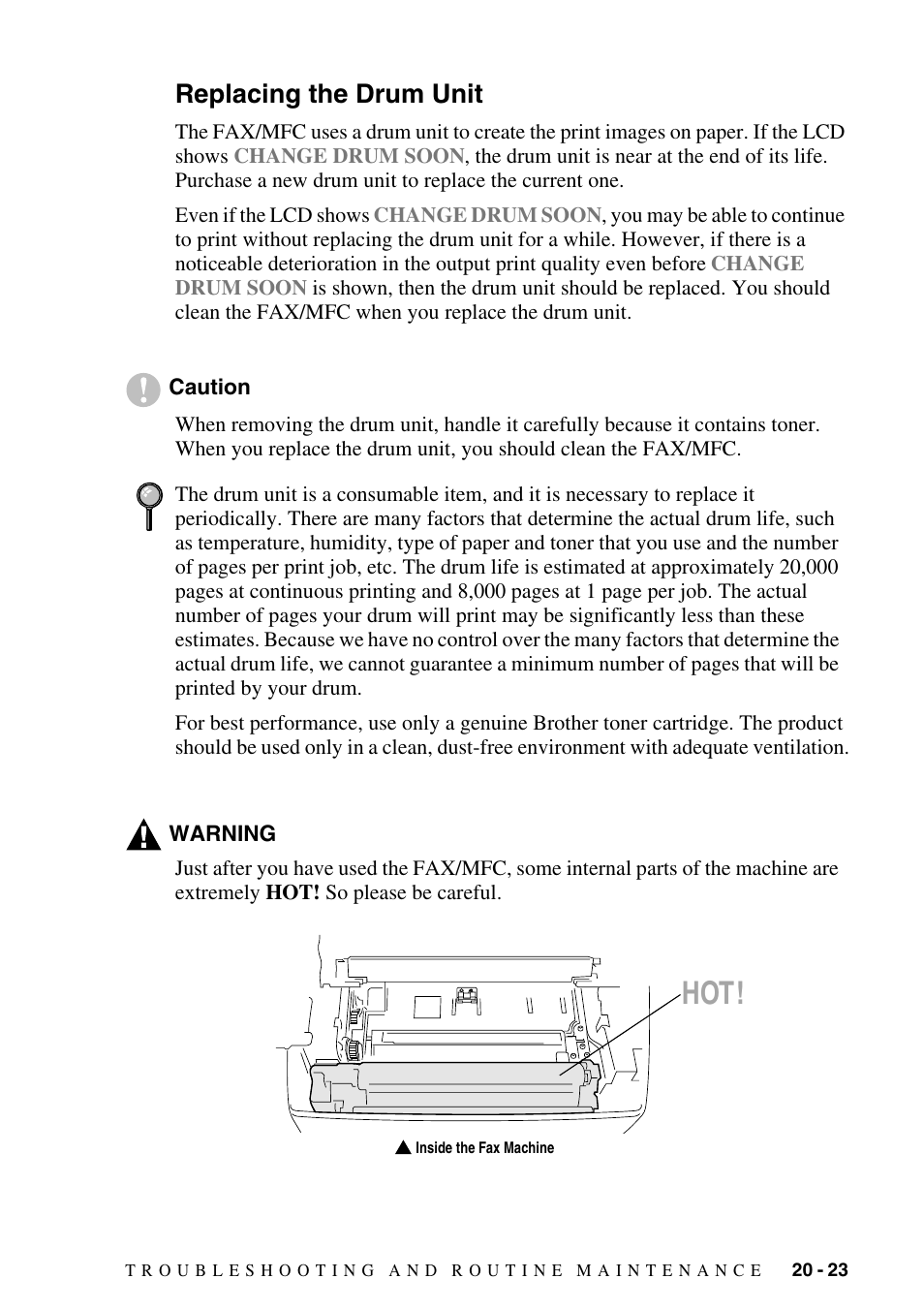Replacing the drum unit, Replacing the drum unit -23 | Brother FAX-2800 User Manual | Page 207 / 228