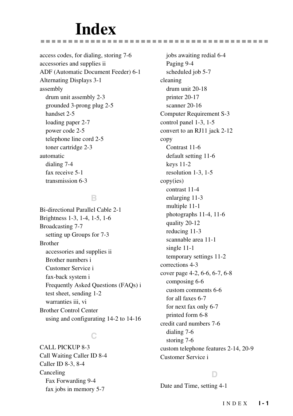 Index | Brother FAX-2800 User Manual | Page 219 / 228
