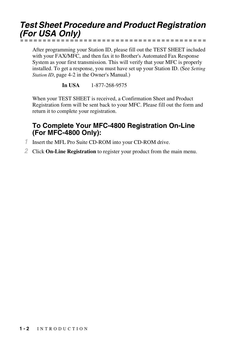 Test sheet procedure and product registration, For usa only) -2, To complete your mfc-4800 registration on-line | For mfc-4800 only): -2 | Brother FAX-2800 User Manual | Page 24 / 228