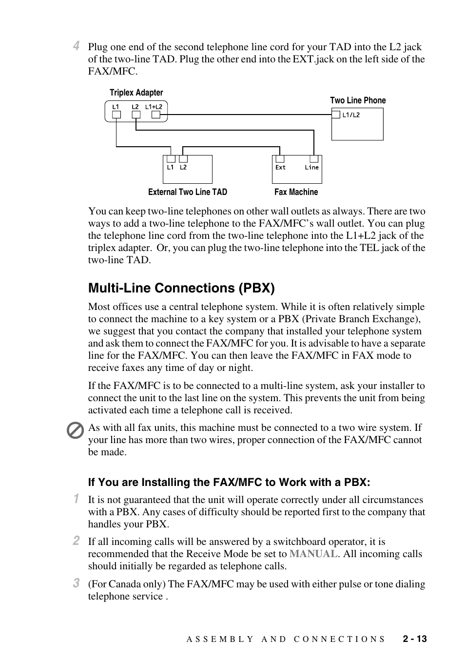 Multi-line connections (pbx), Multi-line connections (pbx) -13, If you are installing the fax/mfc to | Work with a pbx: -13 | Brother FAX-2800 User Manual | Page 43 / 228