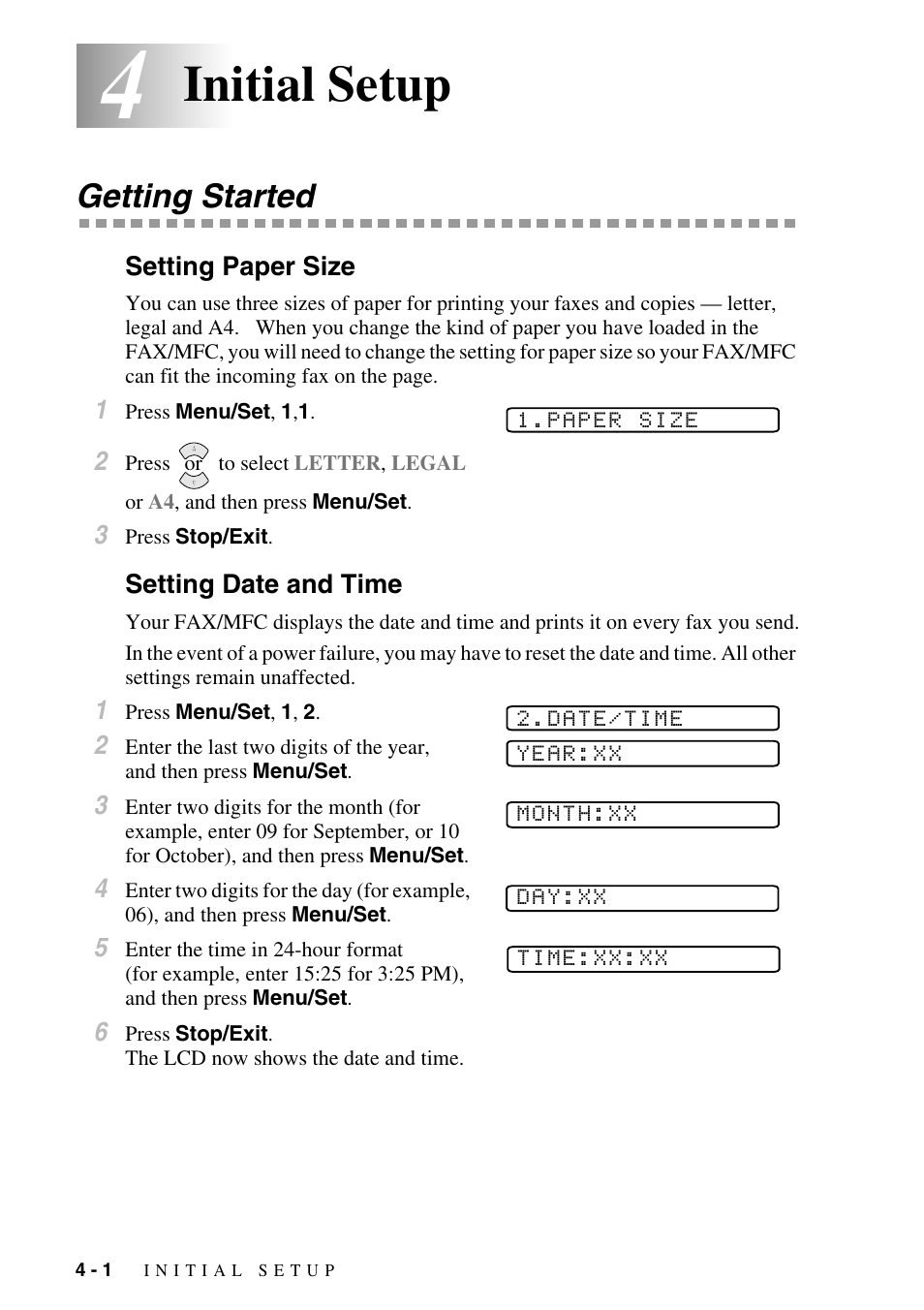 4 initial setup, Getting started, Setting paper size | Setting date and time, Initial setup -1, Getting started -1, Setting paper size -1 setting date and time -1, Initial setup | Brother FAX-2800 User Manual | Page 52 / 228