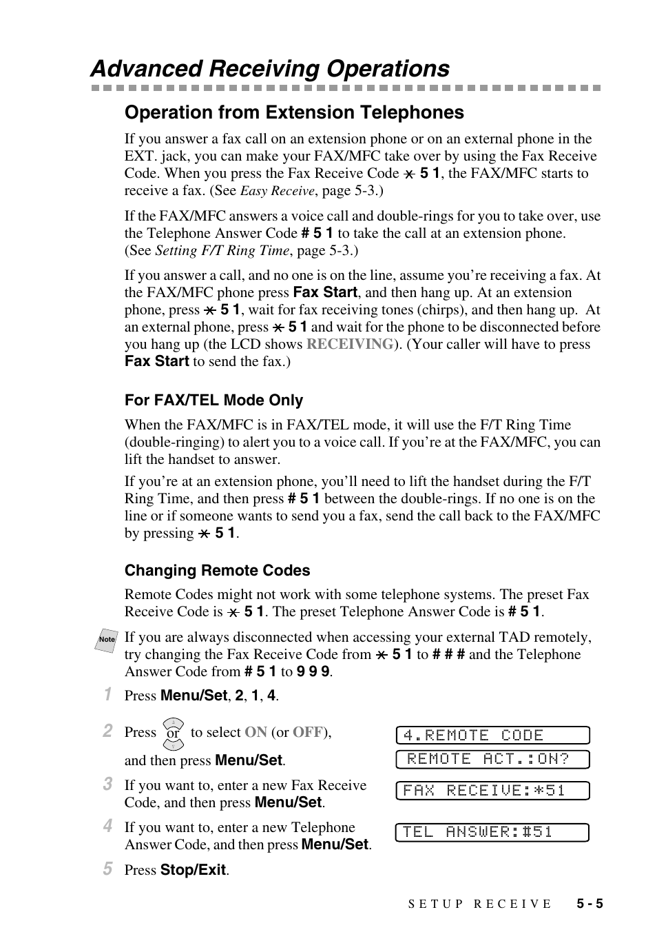 Advanced receiving operations, Operation from extension telephones, For fax/tel mode only | Changing remote codes, Advanced receiving operations -5, Operation from extension telephones -5, For fax/tel mode only -5 changing remote codes -5 | Brother FAX-2800 User Manual | Page 63 / 228