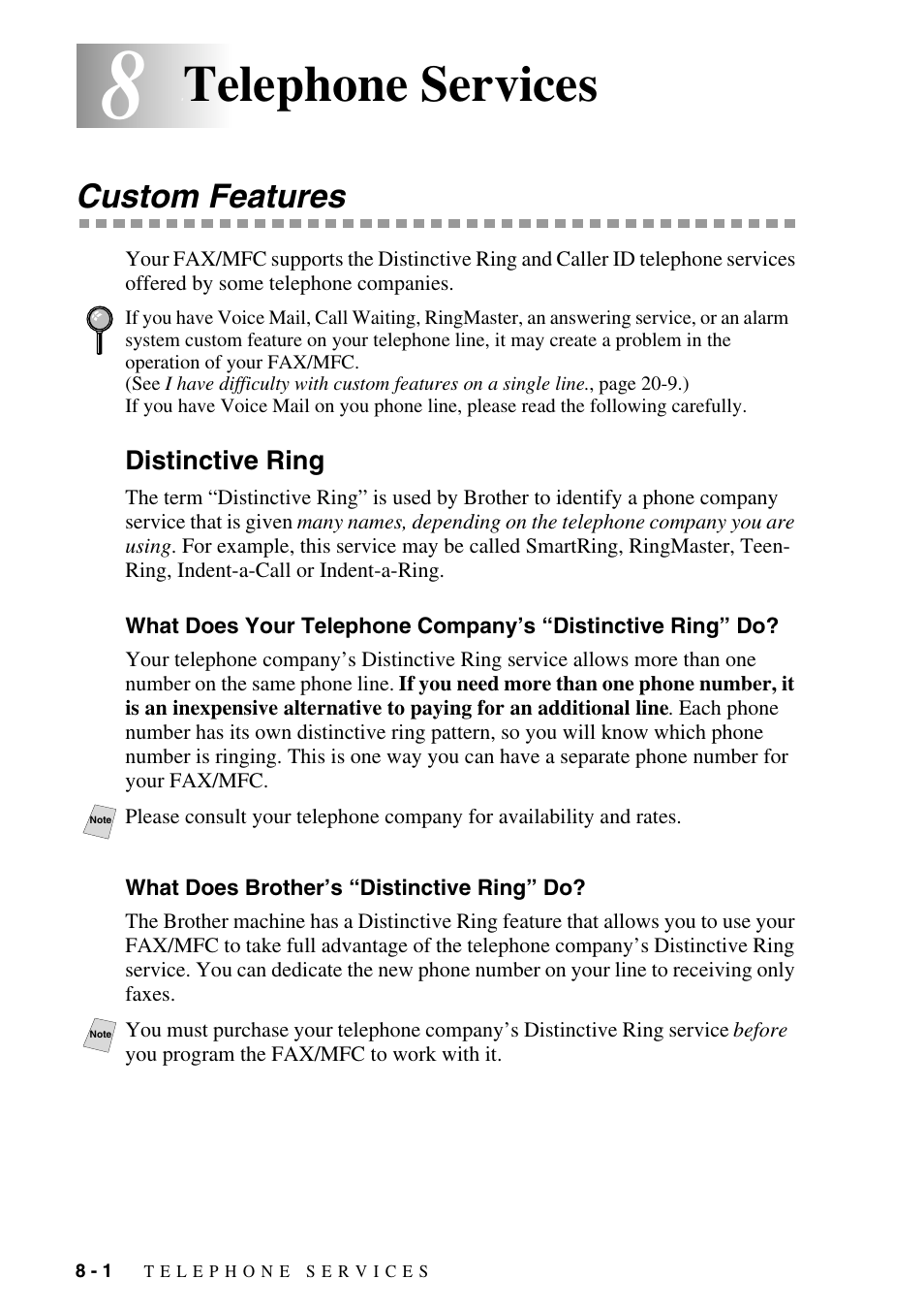 8 telephone services, Custom features, Distinctive ring | What does brother’s “distinctive ring” do, Telephone services -1, Custom features -1, Distinctive ring -1, What does your telephone company’s, Distinctive ring” do? -1, What does brother’s “distinctive ring” do? -1 | Brother FAX-2800 User Manual | Page 84 / 228
