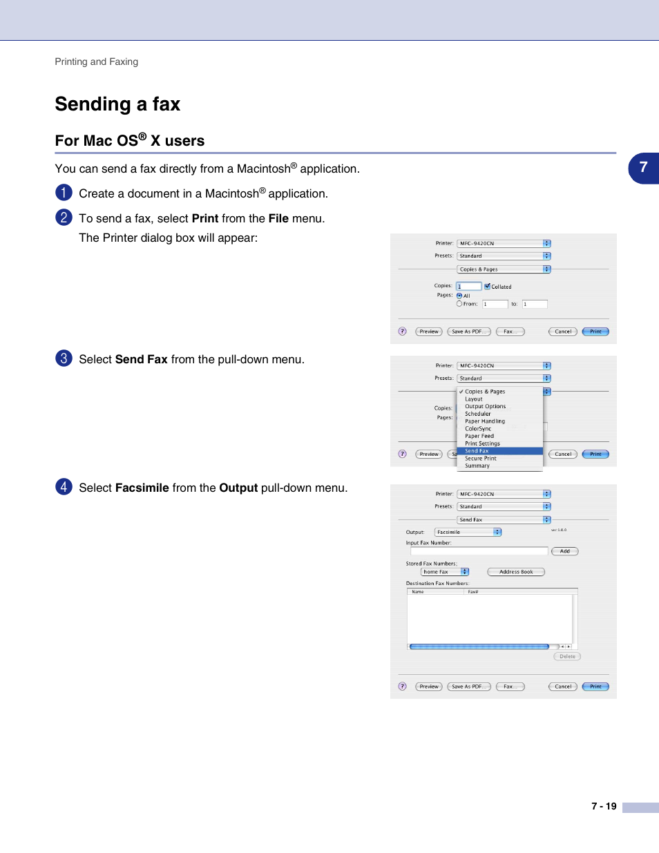 Sending a fax, For mac os® x users, Sending a fax -19 | For mac os, X users -19 | Brother MFC-9420CN User Manual | Page 107 / 145