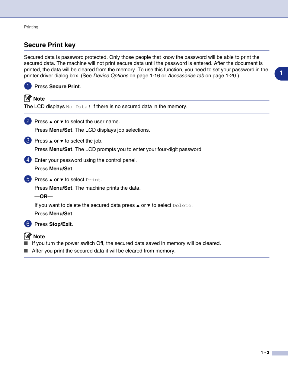 Secure print key, Secure print key -3, 1secure print key | Brother MFC-9420CN User Manual | Page 11 / 145