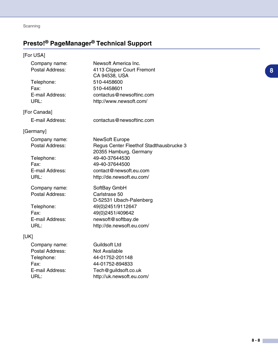 Presto, Technical support -8, 8presto | Pagemanager, Technical support | Brother MFC-9420CN User Manual | Page 118 / 145