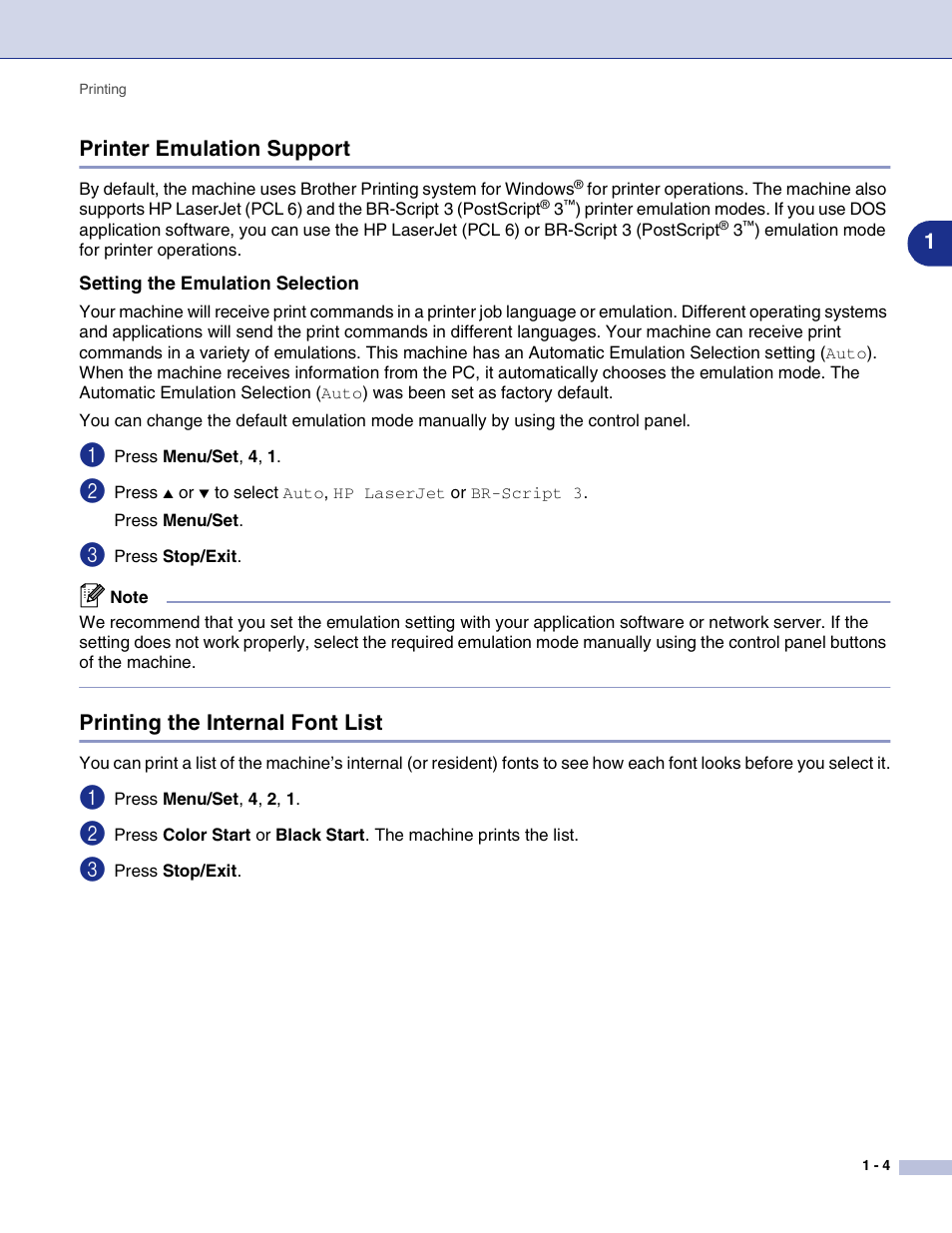 Printer emulation support, Setting the emulation selection, Printing the internal font list | 1printer emulation support | Brother MFC-9420CN User Manual | Page 12 / 145