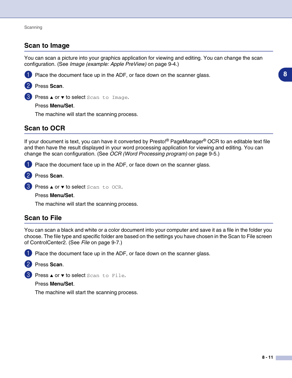 Scan to image, Scan to ocr, Scan to file | Scan to image -11 scan to ocr -11 scan to file -11 | Brother MFC-9420CN User Manual | Page 121 / 145
