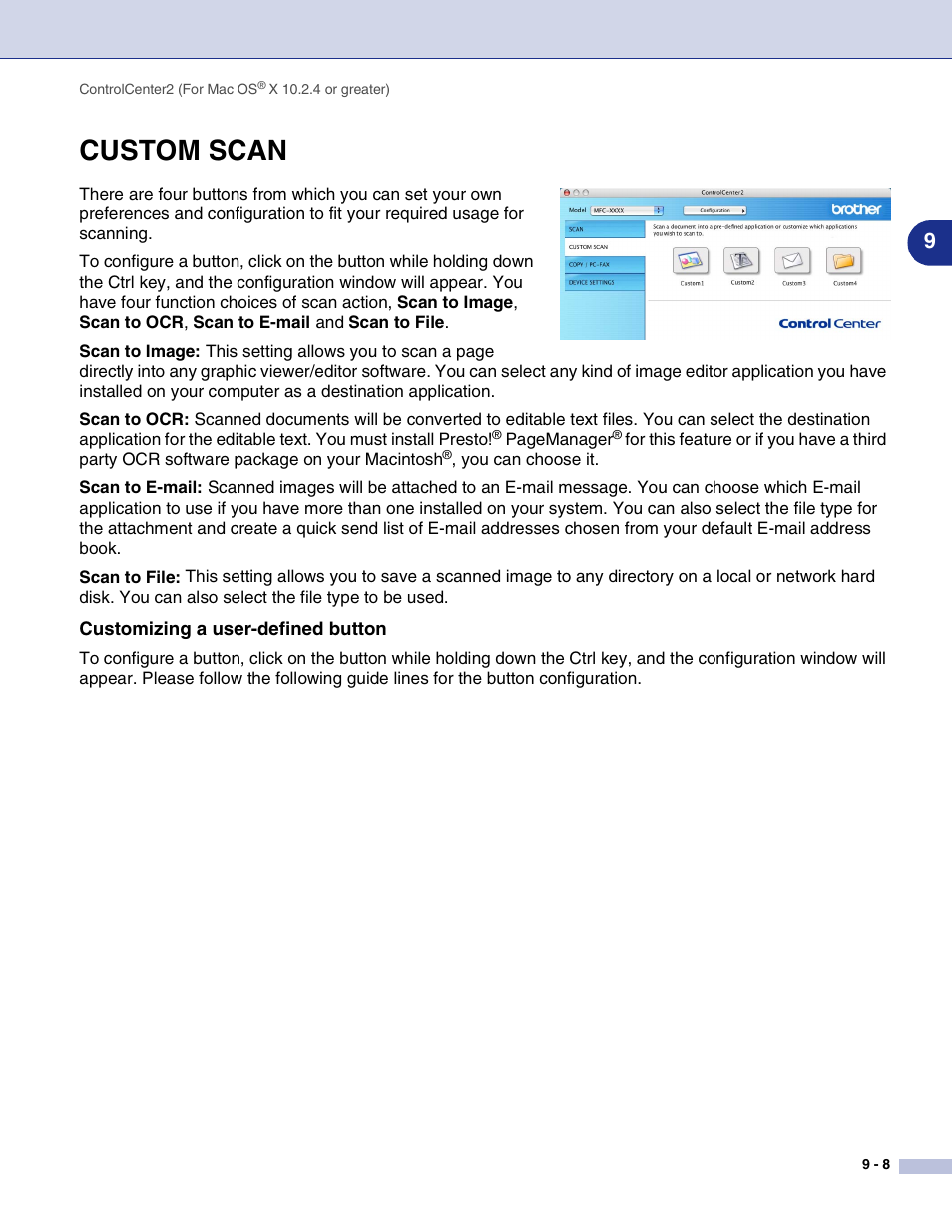 Custom scan, Customizing a user-defined button, Custom scan -8 | Brother MFC-9420CN User Manual | Page 129 / 145