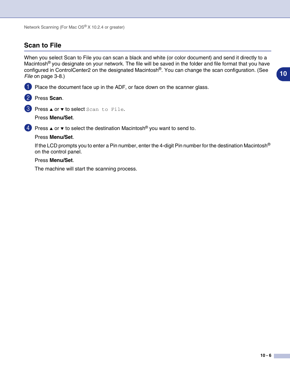 Scan to file, Scan to file -6, 10 scan to file | Brother MFC-9420CN User Manual | Page 142 / 145