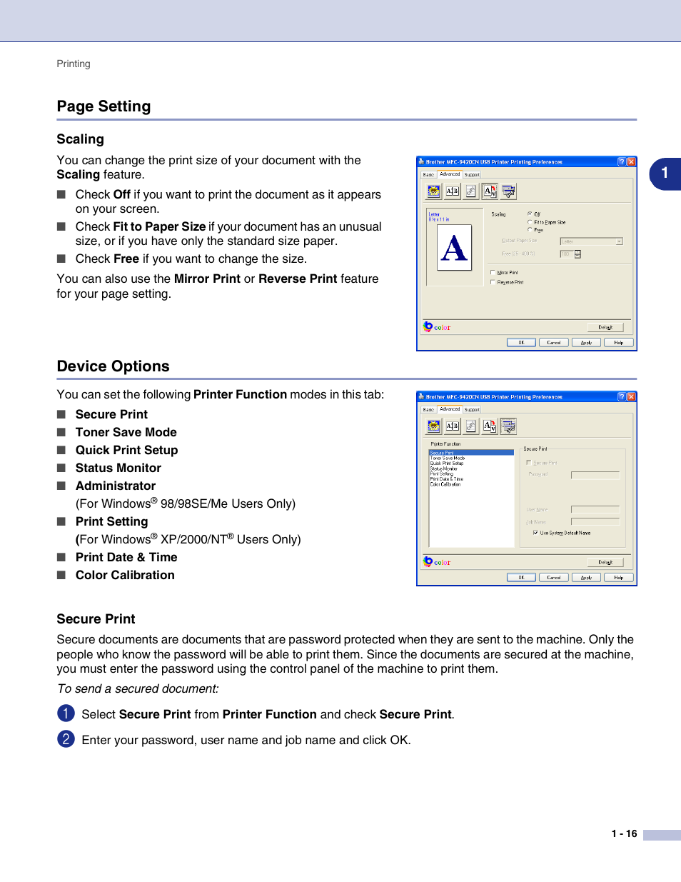 Scaling, Device options, Secure print | 1page setting | Brother MFC-9420CN User Manual | Page 24 / 145
