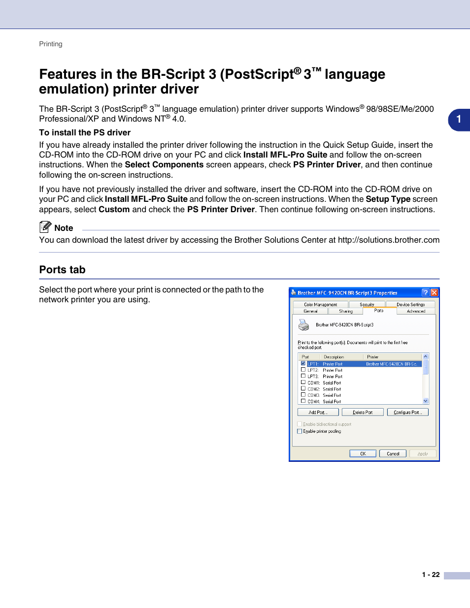 Ports tab, Features in the br-script 3 (postscript, Language emulation) | Printer driver -22, Ports tab -22, Language emulation) printer driver | Brother MFC-9420CN User Manual | Page 30 / 145