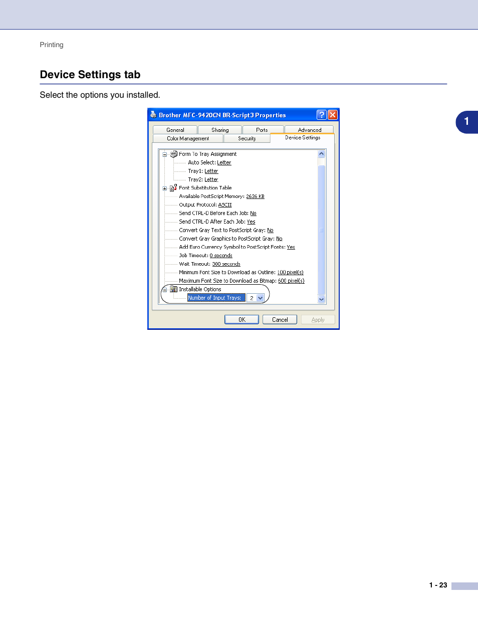 Device settings tab, Device settings tab -23, 1device settings tab | Brother MFC-9420CN User Manual | Page 31 / 145