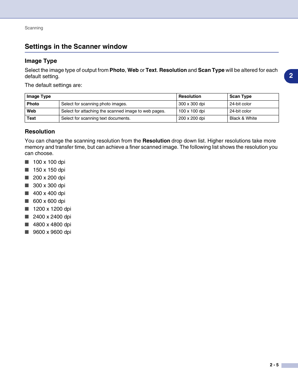 Settings in the scanner window, Image type, Resolution | Settings in the scanner window -5, 2settings in the scanner window | Brother MFC-9420CN User Manual | Page 38 / 145