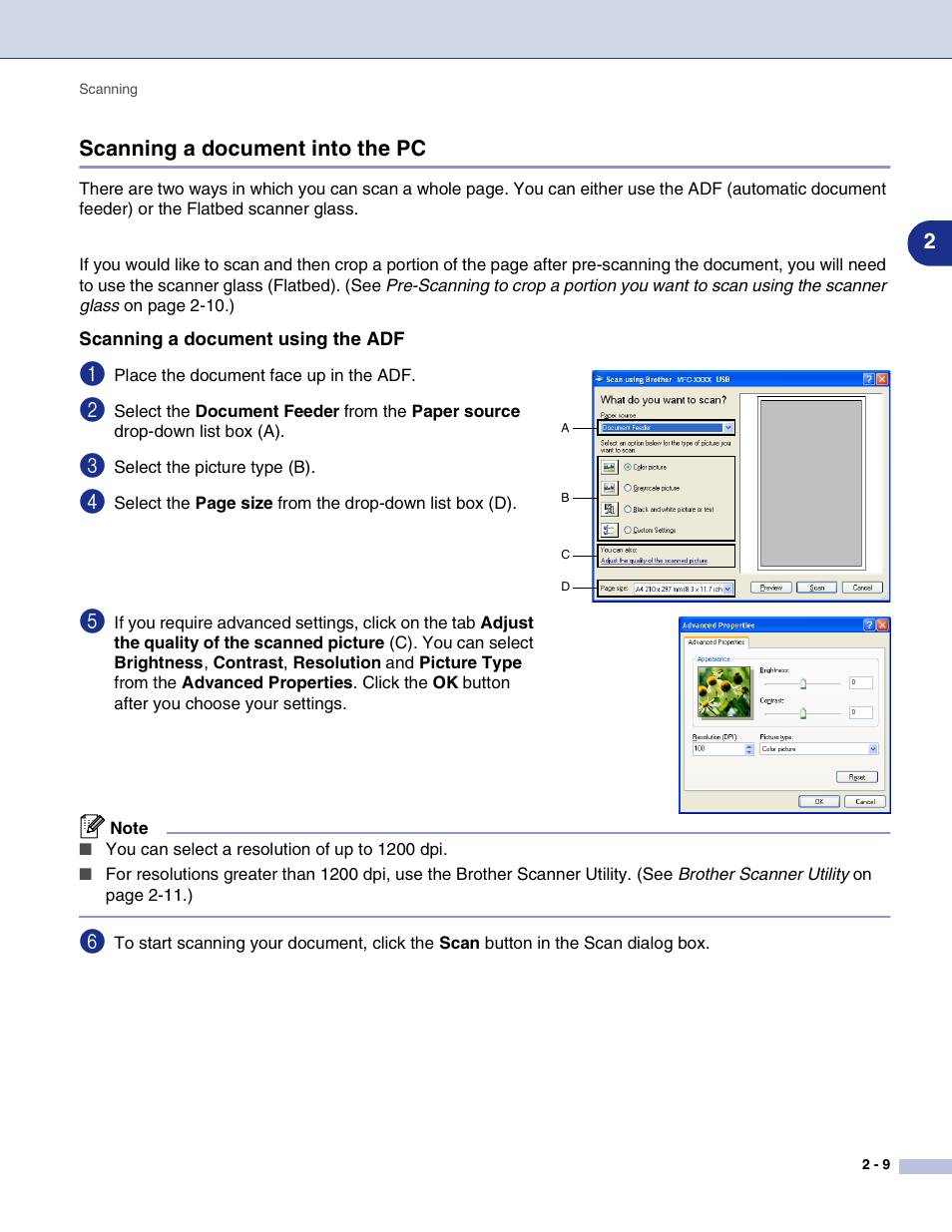 Scanning a document into the pc, Scanning a document using the adf, Scanning a document into the pc -9 | Brother MFC-9420CN User Manual | Page 42 / 145