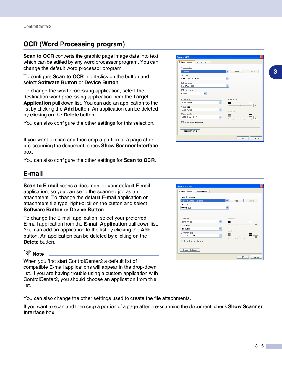 Ocr (word processing program), E-mail, Ocr (word processing program) -6 e-mail -6 | 3ocr (word processing program) | Brother MFC-9420CN User Manual | Page 56 / 145
